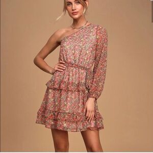 Lulus Anew Romance Pink Floral Print One-Shoulder Ruffled Mini Dress Size Medium